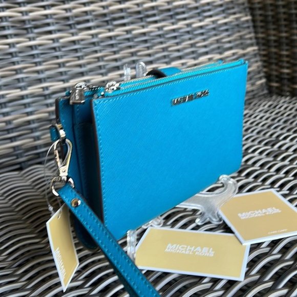 Michael Kors Large Double Zip Leather Wallet Wristlet Phone Case Lagoon - Picture 3 of 16